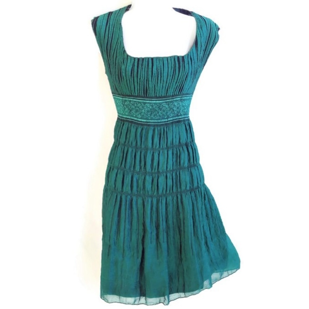 Vintage Max Studio Dress Square Neck Fit Flare Emerald Tiered Lined Milk Maid S